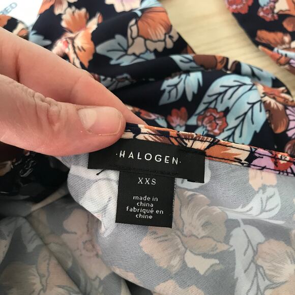 Halogen Mini Dress XXS Navy Floral Shift Silky Mod Maximalist Cottage Forest - Picture 9 of 10